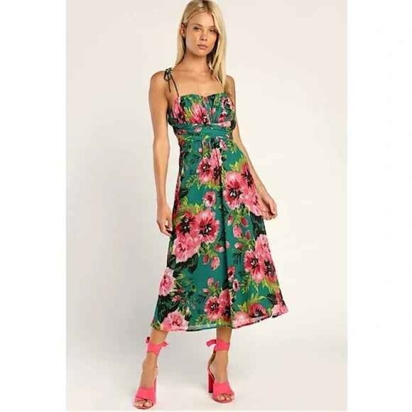 Lulus Women's XL Floral Chiffon Pleated Romantic Sweetheart Neck Midi Dress Tea - Picture 2 of 11